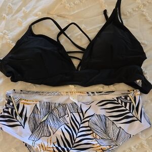 Black Bikini Top with Leaf Print Bottom